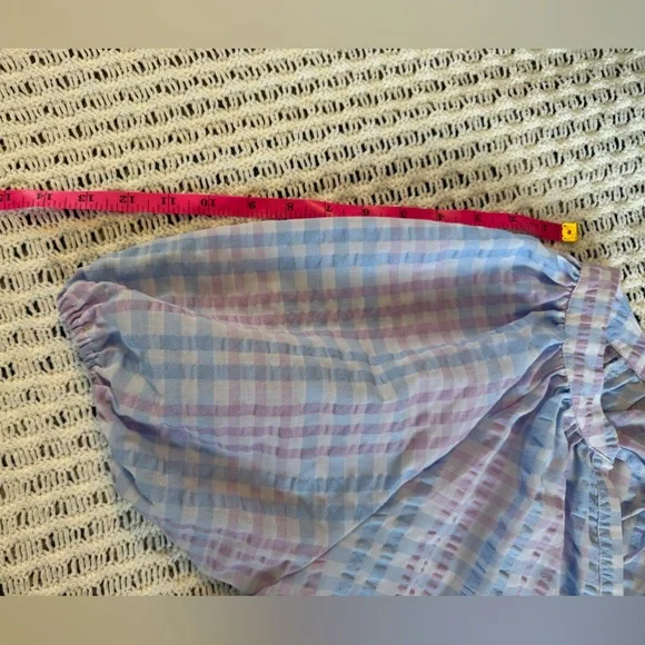 LOFT Blue & Lavender Pastel Gingham Tie-Neck Puff Sleeve Blouse Women’s Size L - Picture 11 of 11